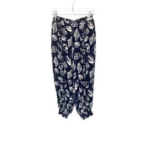 Venus Pants Blue White Seashell‎ Print Beachy Vacation Resort Cropped Small